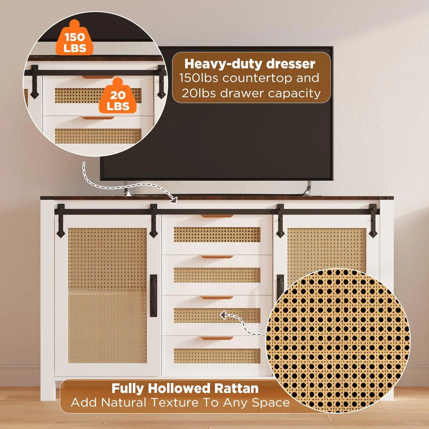 AECOJOY Farmhouse Sideboard Buffet Cabinet with Storage, Rattan Kitchen Cabinet w/Sliding Barn Doors & 4 Drawers