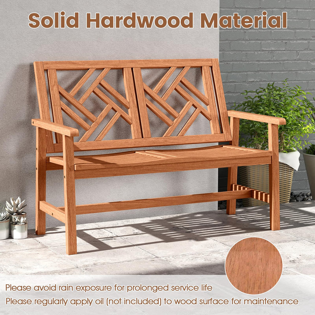 Tangkula Outdoor Bench Wood 2-Person Patio Loveseat Chair with Geometric Backrest