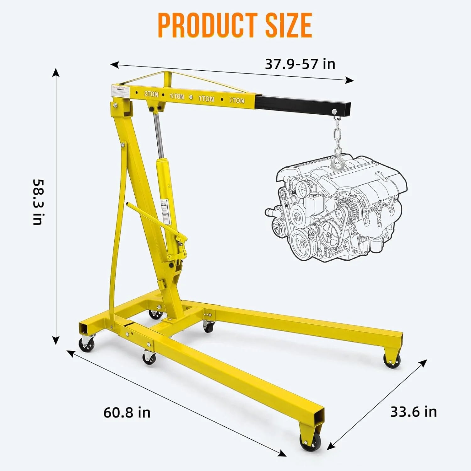 Joankaren 2 Ton Folding Hydraulic Engine Hoist, Heavy - Duty Engine Shop Crane Hoist Lift, Heavy Cherry Picker with 6 Wheels, Yellow