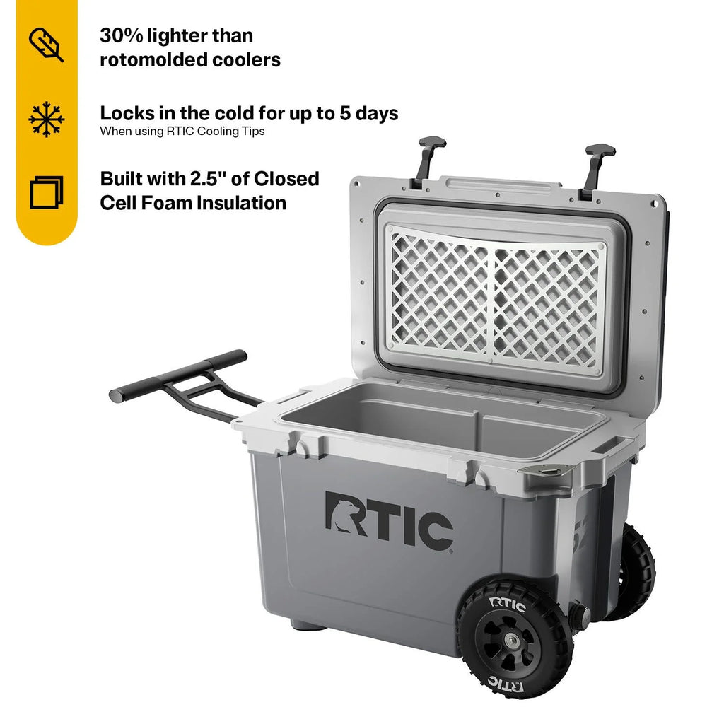 RTIC 52 QT Ultra - Light Wheeled Hard - Sided Ice Chest Cooler, Fits 78 Cans, White & Grey