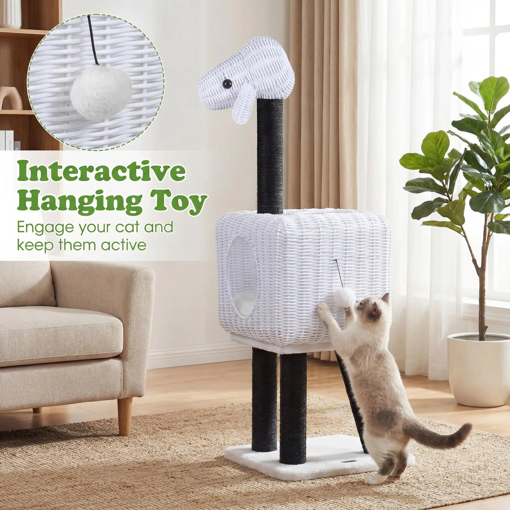 Tangkula 43 Inch Sheep-Shaped Cute Cat Tower with 2-Cave Large Wicker Condo
