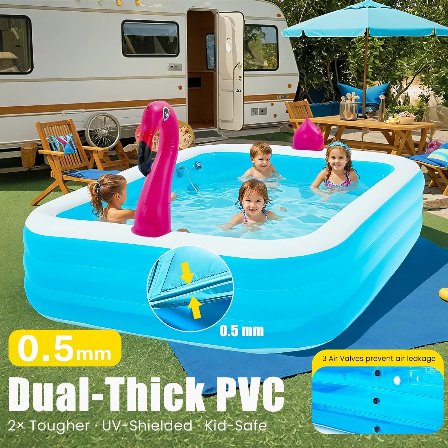 AECOJOY 119"x86"x21“ Inflatable Pool with LED Lights, 3 Light Modes, 3-Ring Blow Up Pool for Adults & Kids(Includes Electric Air Pump)