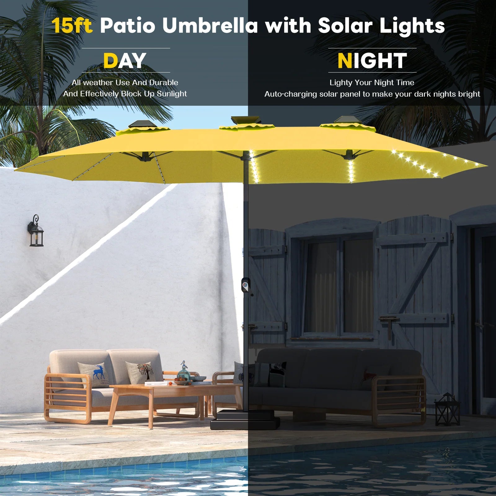 AECOJOY 15ft Patio Double-Sided Umbrella, 156 PCS Solar LED Light Outdoor Large Umbrella, Yellow