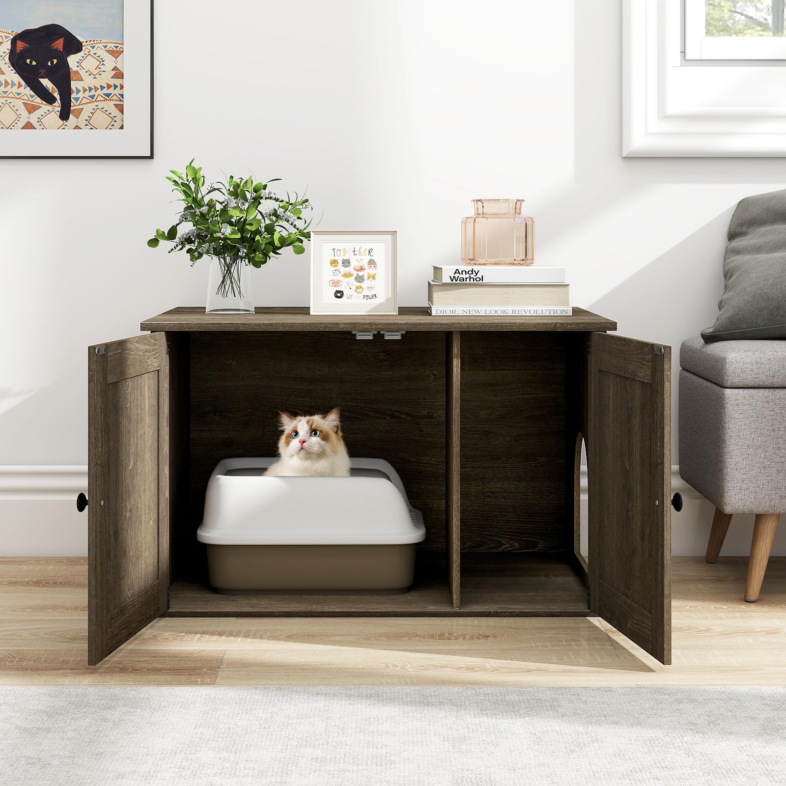 Tangkula Hidden Cat Litter Box Enclosure Furniture with Divider