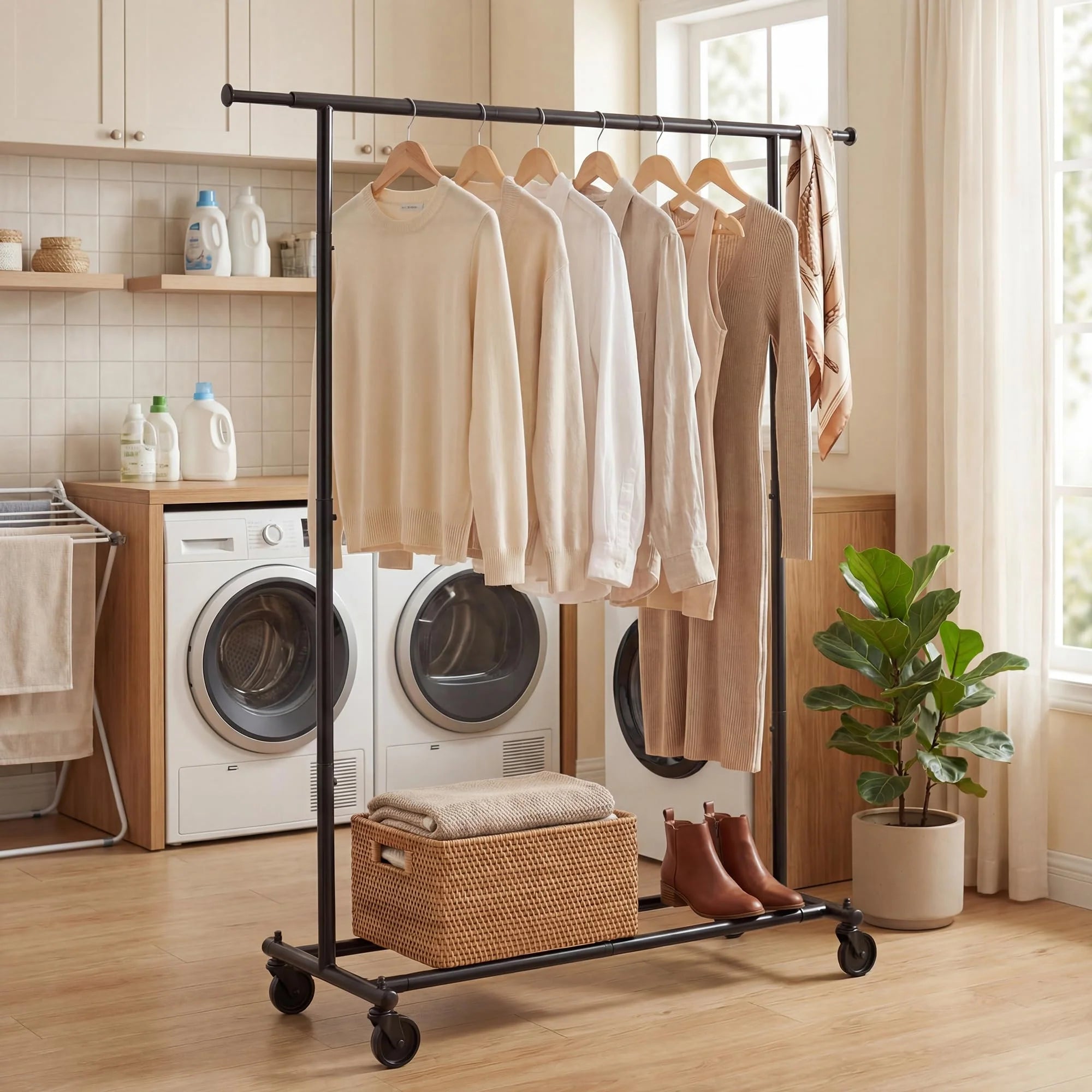 Tangkula Rolling Clothes Rack with Extendable Hanging Rods (41"-61.5" L)