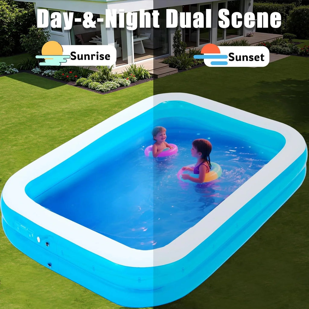 AECOJOY 119"x84"x17" Inflatable Pool with LED Lights, 3 Light Modes, 2-Ring Blow Up Pool for Adults & Kids(Includes Electric Air Pump)