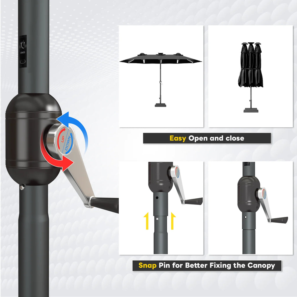 AECOJOY 15ft Patio Double-Sided Umbrella, 156 PCS Solar LED Light Outdoor Large Umbrella, Black