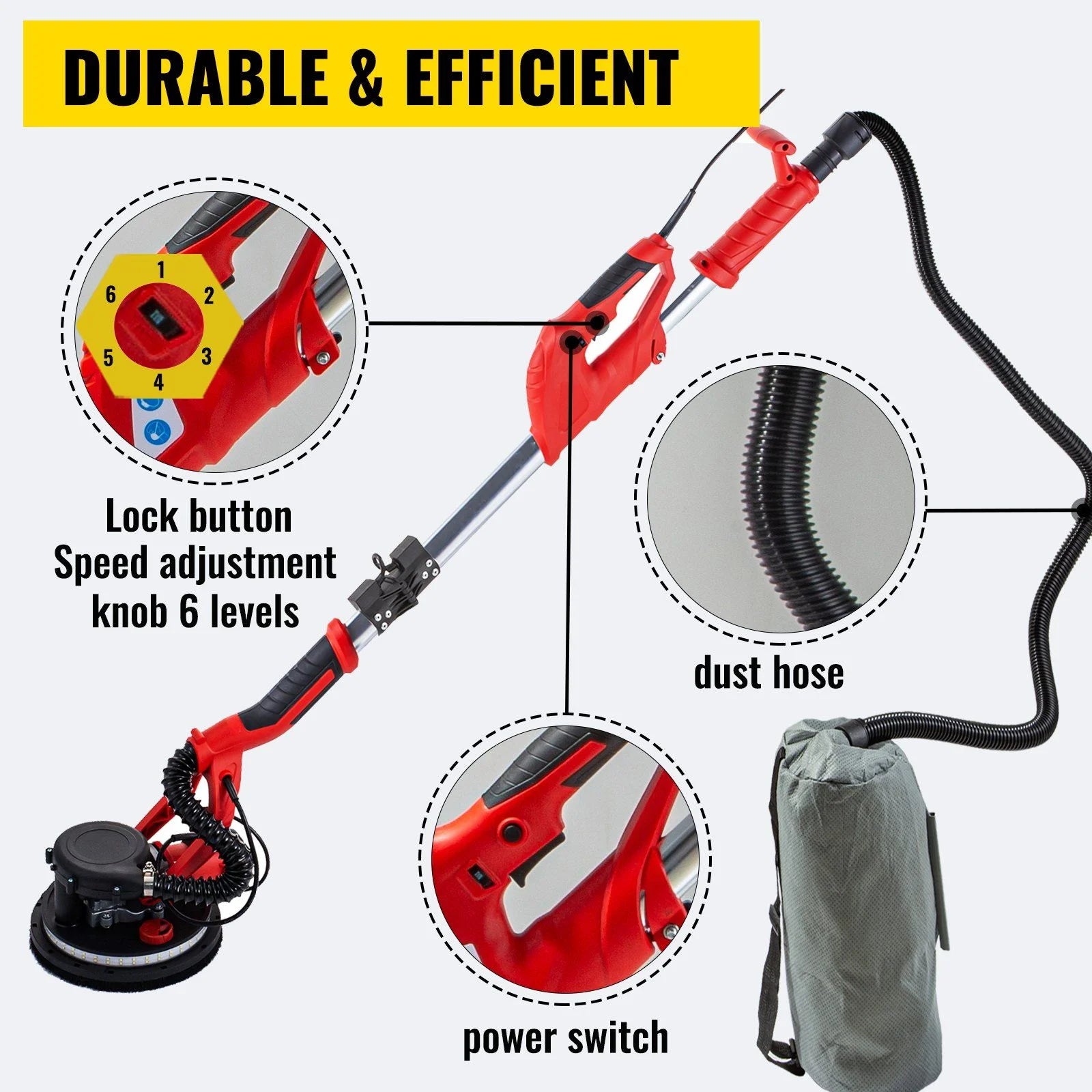 Drywall Sander 850W, Electric Drywall Sander, Electric Sander, with LED Strip Light and Vacuum Bag, Variable Speed 800 - 1750 RPM, Foldable Sheetrock Sander, with Telescope Handle, Wall Sander