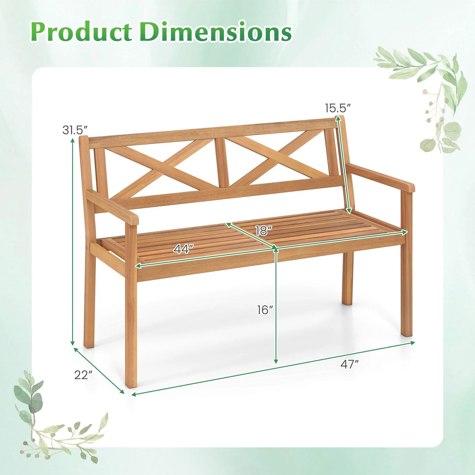 Tangkula Acacia Wood Outdoor Loveseat Bench 2-Person Patio Garden Bench