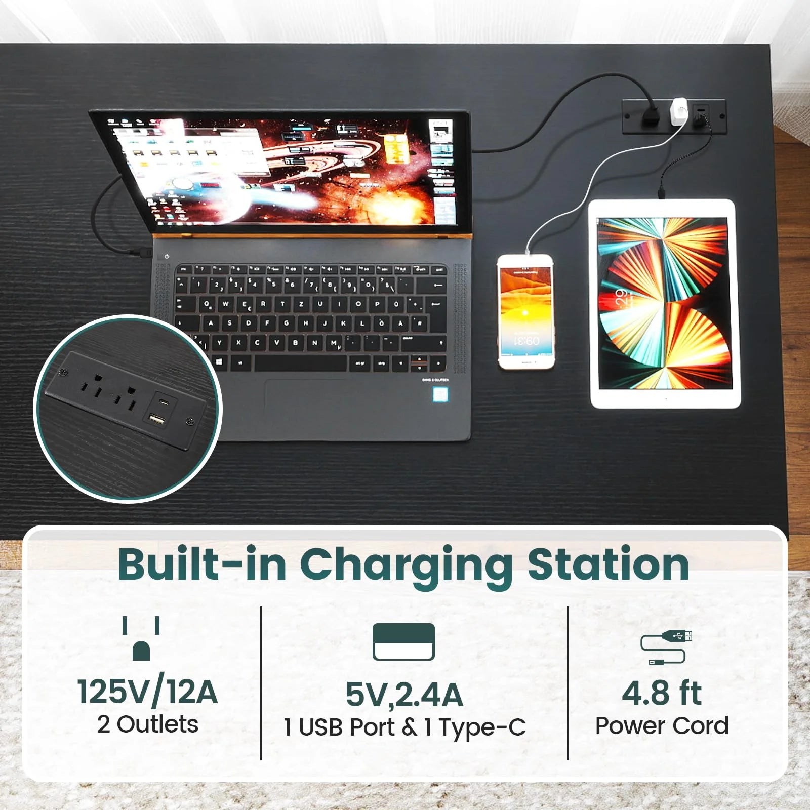 Tangkula 55 inch Computer Desk with Power Outlets & USB Ports