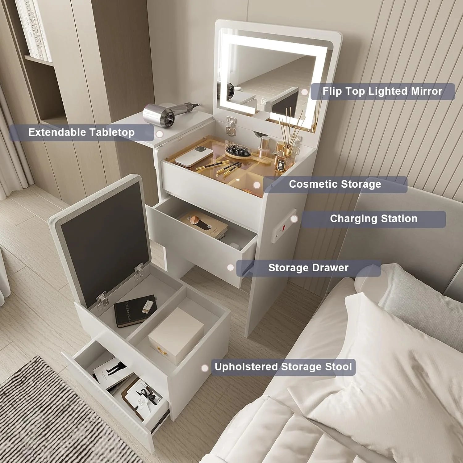 Vanity Desk with Flip Top Lighted Mirror, Compact Makeup Table with Storage Stool, Integrated Vanity with Drawers, 3 - in - 1 Vanity Set, Small Dressing Desk for Bedroom
