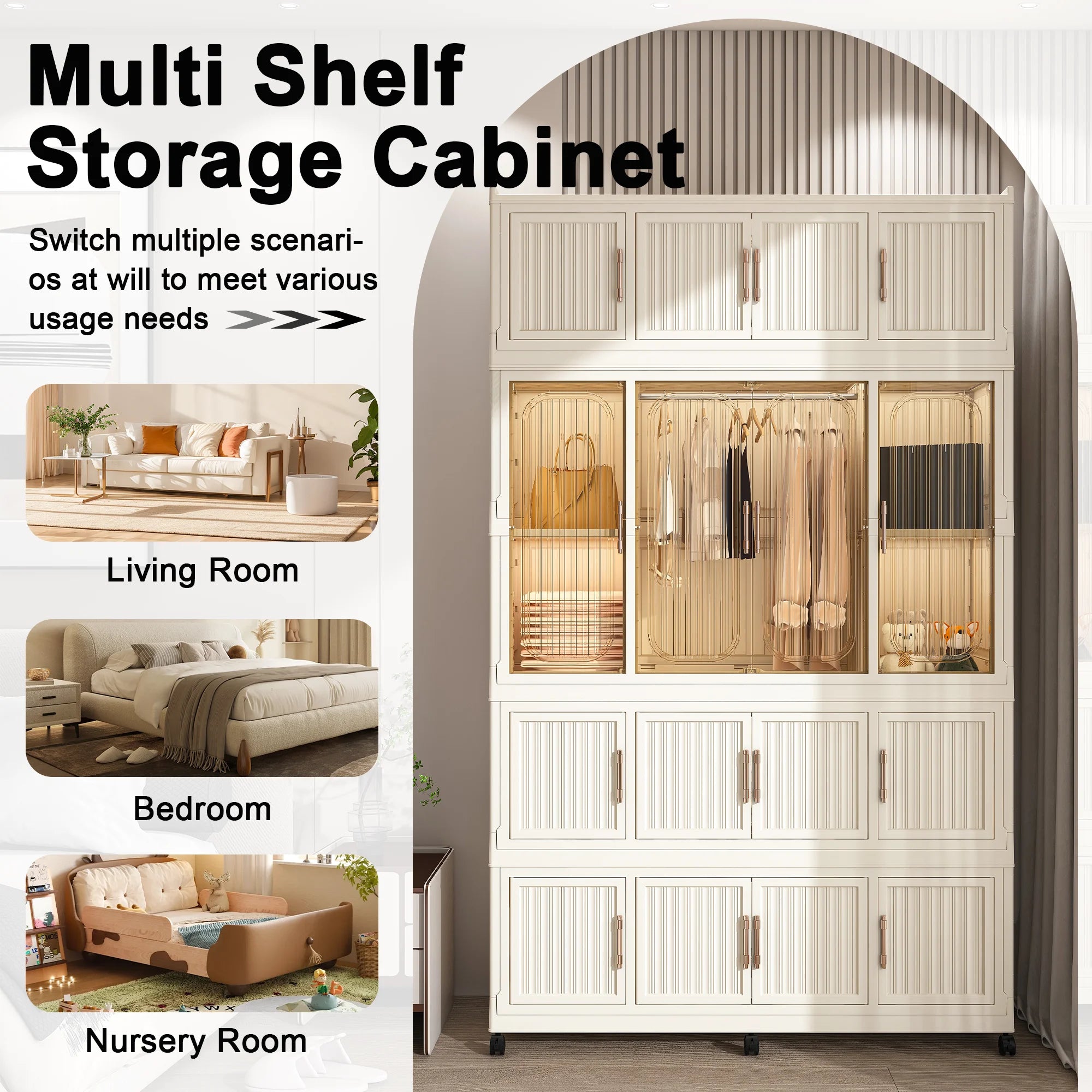 Montary Kids Portable Wardrobe W/ Magnetic Doors & Hanging Rod - 4 - Cube Plastic Storage Cabinet, Nursery/Bedroom