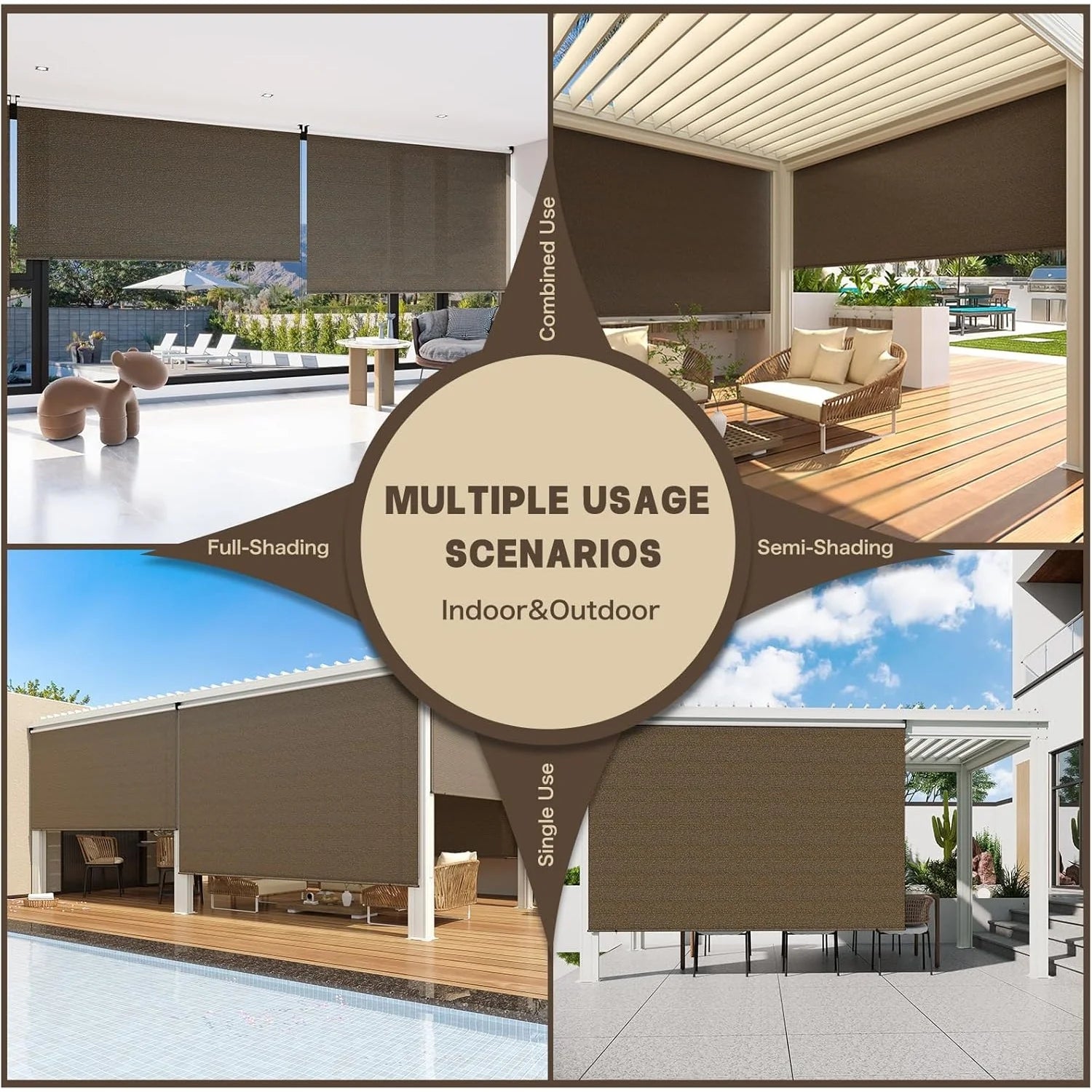AECOJOY Outdoor Roller Shade, 8'(W) x6'(H) Sun Shade Cover Canopy, Mocha&Gray
