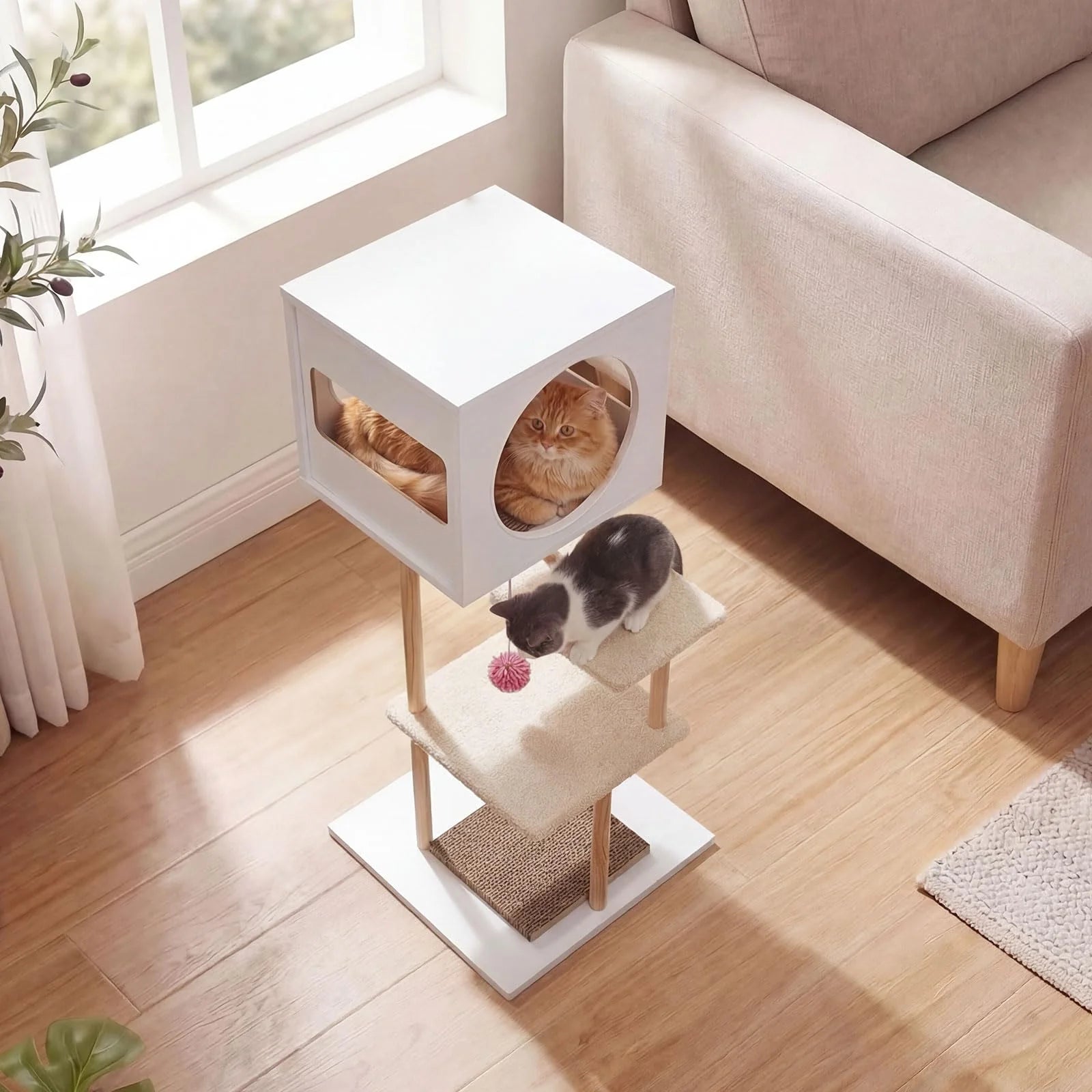 Tangkula 40 Inches Minimalist Wood Cat Tower with Rubber Wood Posts