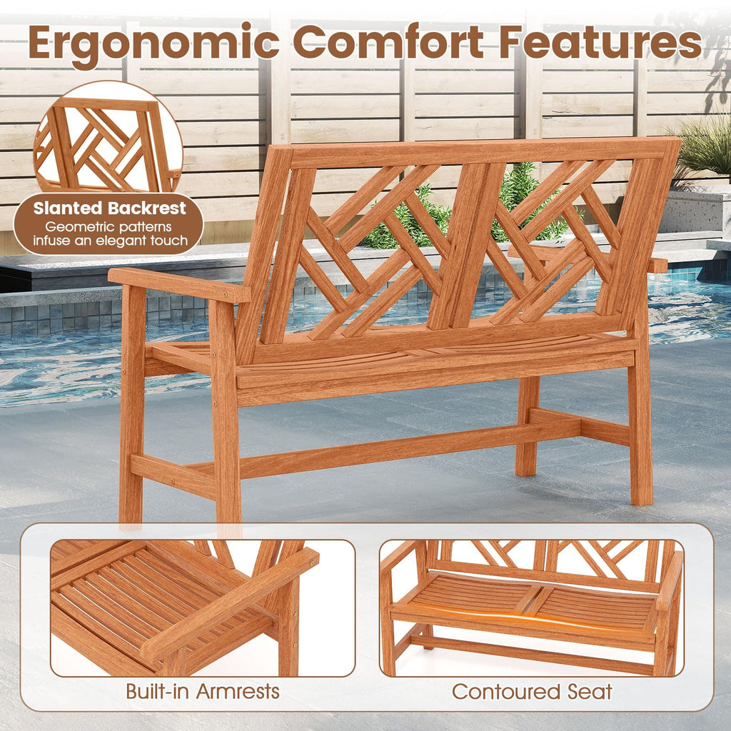 Tangkula Outdoor Bench Wood 2-Person Patio Loveseat Chair with Geometric Backrest
