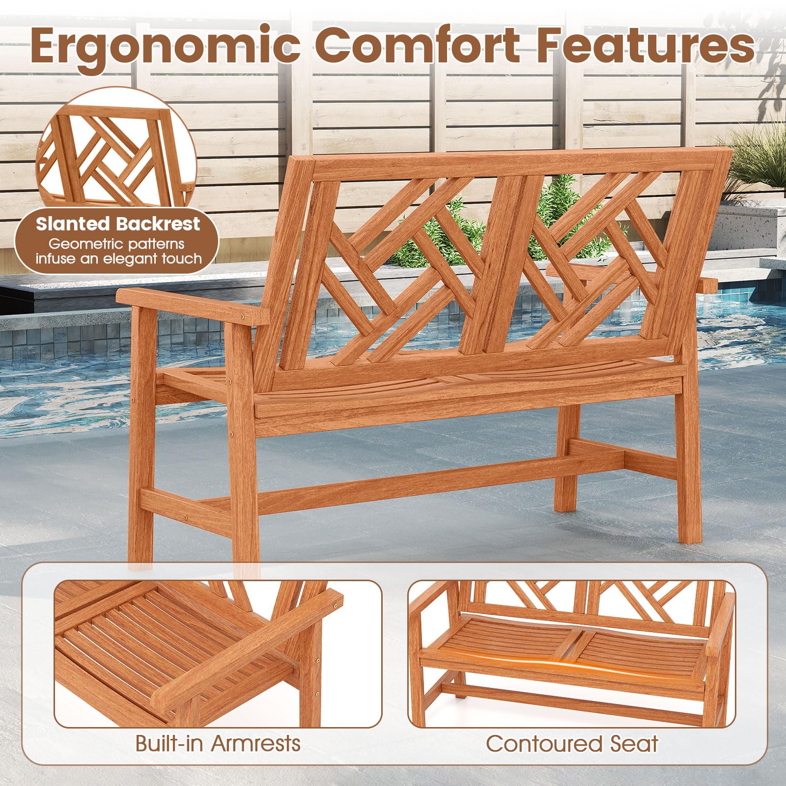 Tangkula Outdoor Bench Wood 2-Person Patio Loveseat Chair with Geometric Backrest