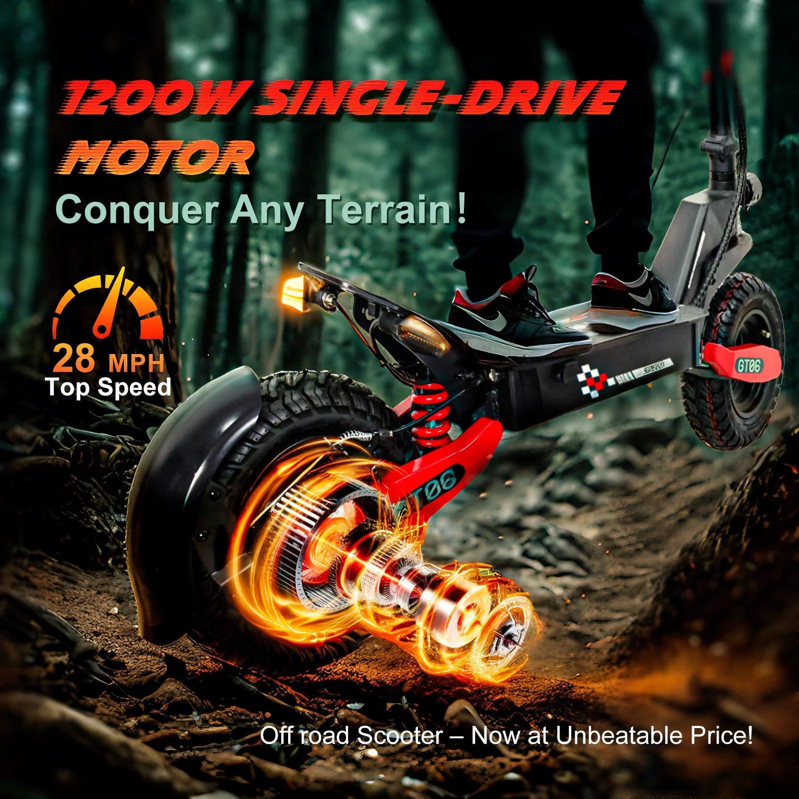 Off Road Electric Scooter for Adults, 1200W Motor Fast E Scooter, up to 28MPH Top Speed & 20miles Long Range, 11" Off - Road Tires, 330 lb MAX Load, Foldable