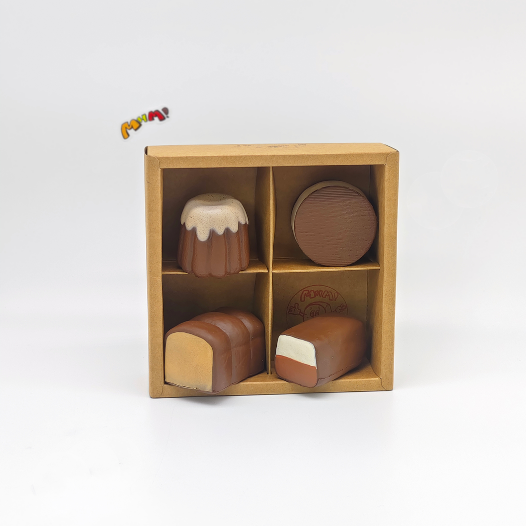🍫 4-grid Mini Chocolate Bread Squishy Set | Bakery Themed Slow Rising Stress Relief Toy