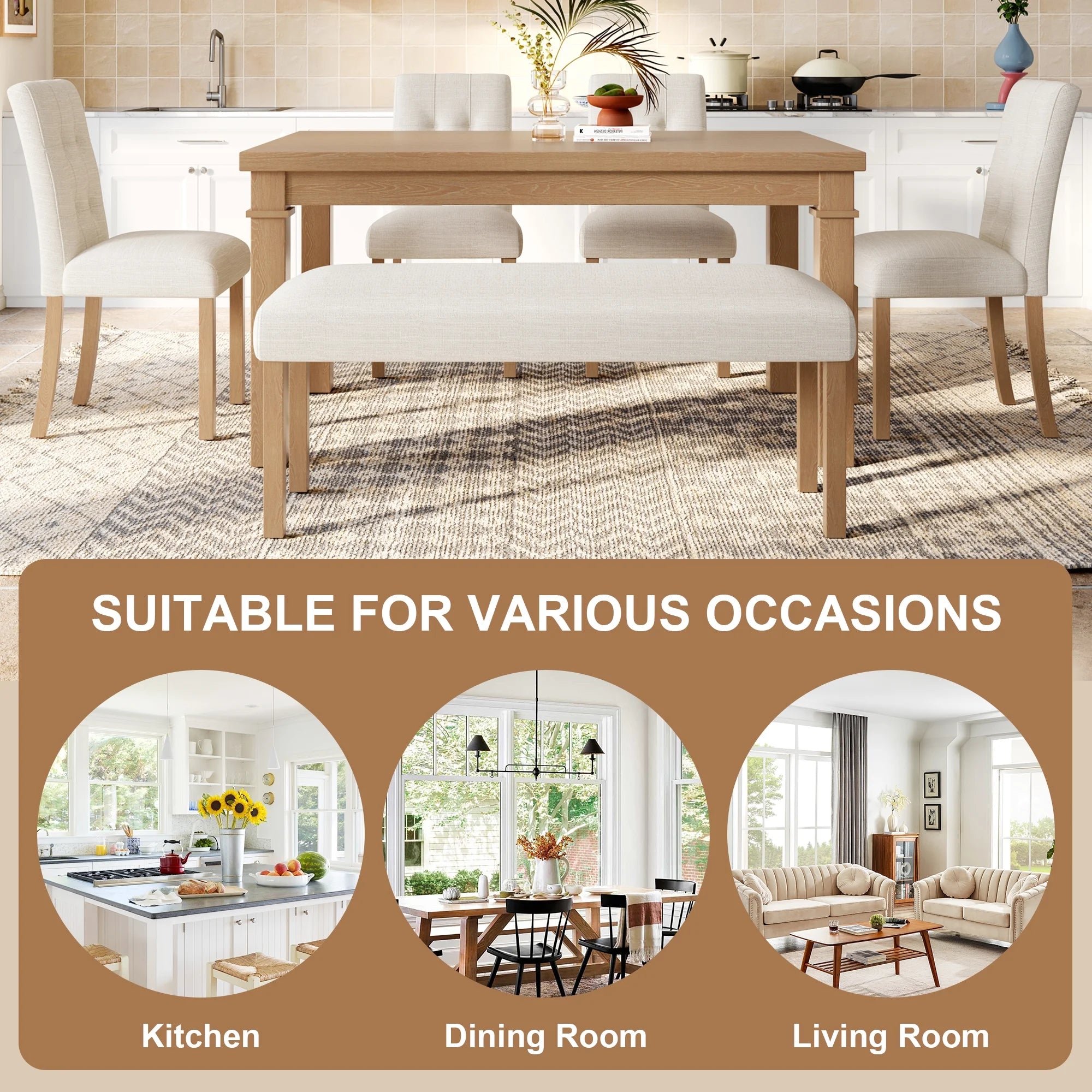 Euroco 6 - Piece Wood Dining Table Set for 6, Modern Rectangular Kitchen Table with 4 Upholstered Chairs & Bench for Kitchen Dining Room, Walnut