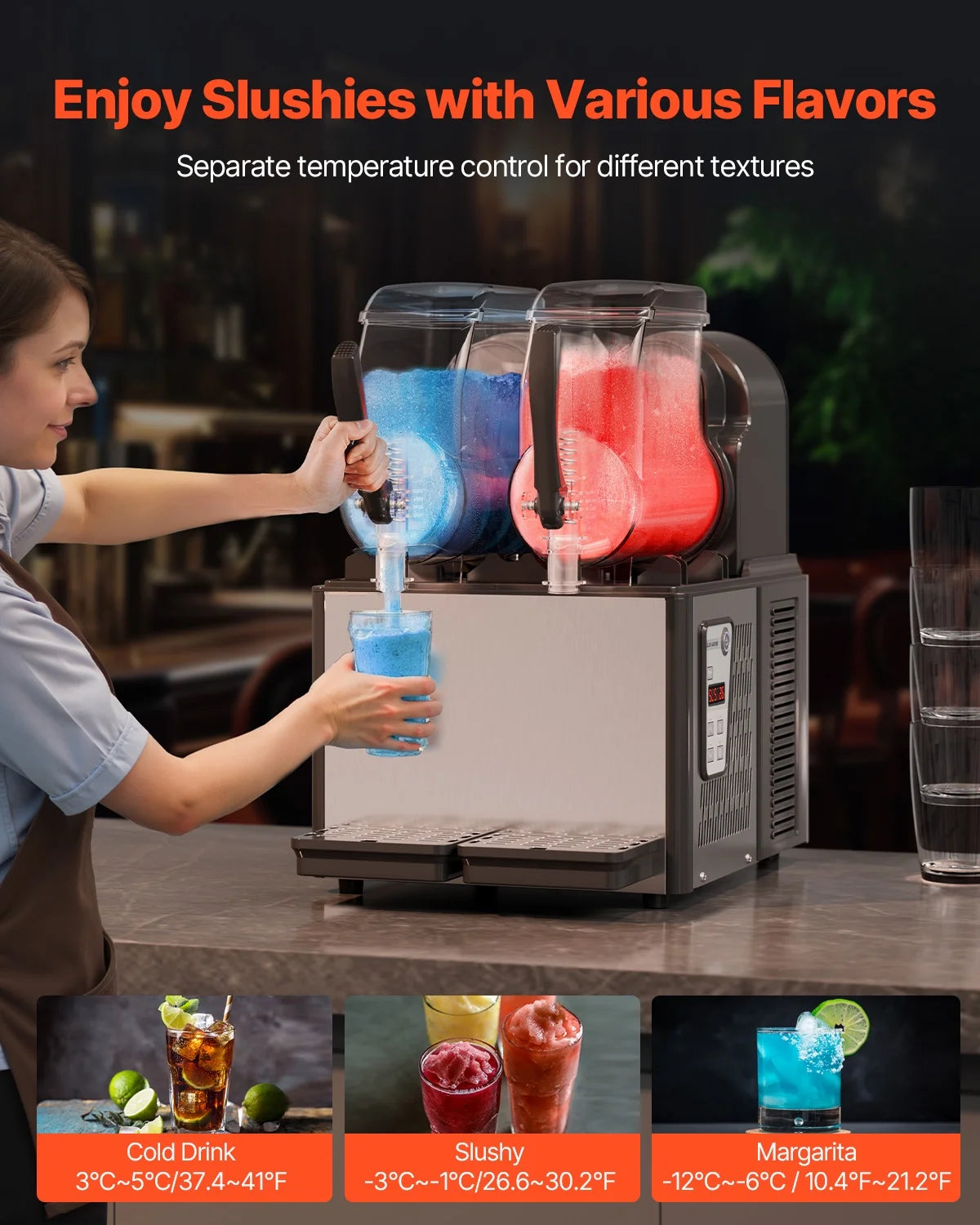 KFFKFF Commercial Slushy Machine, 4 L*2 Tank Slushie Machine, Frozen Drink Machine with Temperature Preservation, Slushy Maker Machine