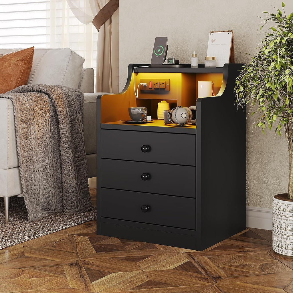 Nightstand with 3 Drawers and Shelves, Night Stand with LED Lights and USB Port Charging Station, LED Bedside Table with Hutch, Black
