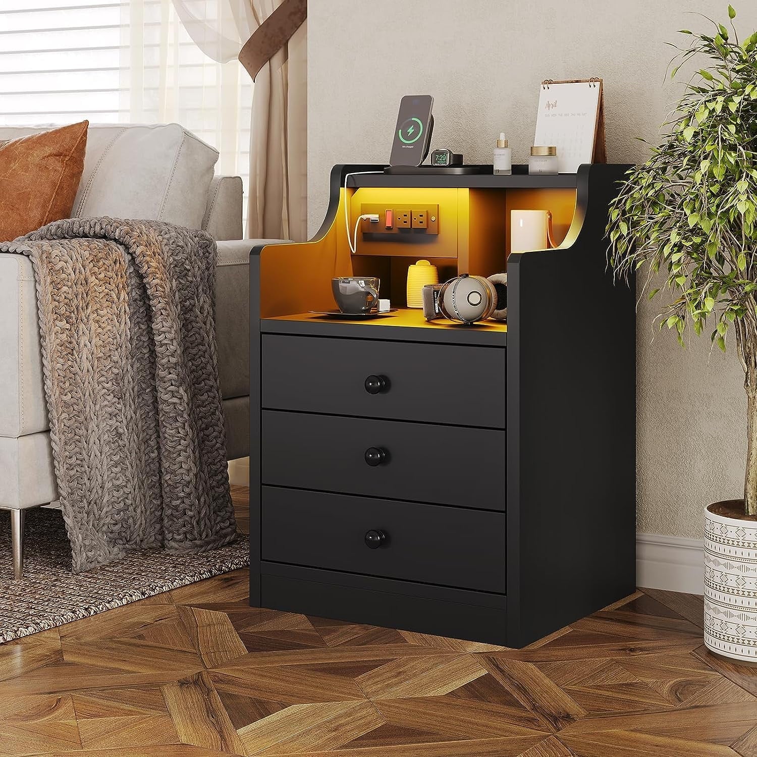 Nightstand with 3 Drawers and Shelves, Night Stand with LED Lights and USB Port Charging Station, LED Bedside Table with Hutch, Black