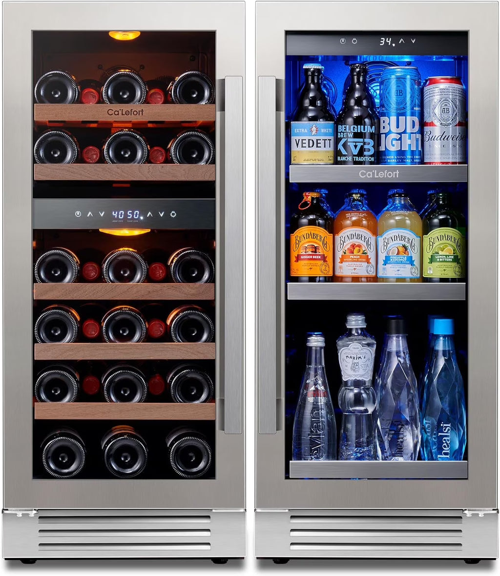 Ca'Lefort 30" Wine and Beverage Refrigerator, 28 Bottles Dual Zone Wine Fridge and 100 Cans Beverage Fridge Cooler with Stainless Steel Door Framed