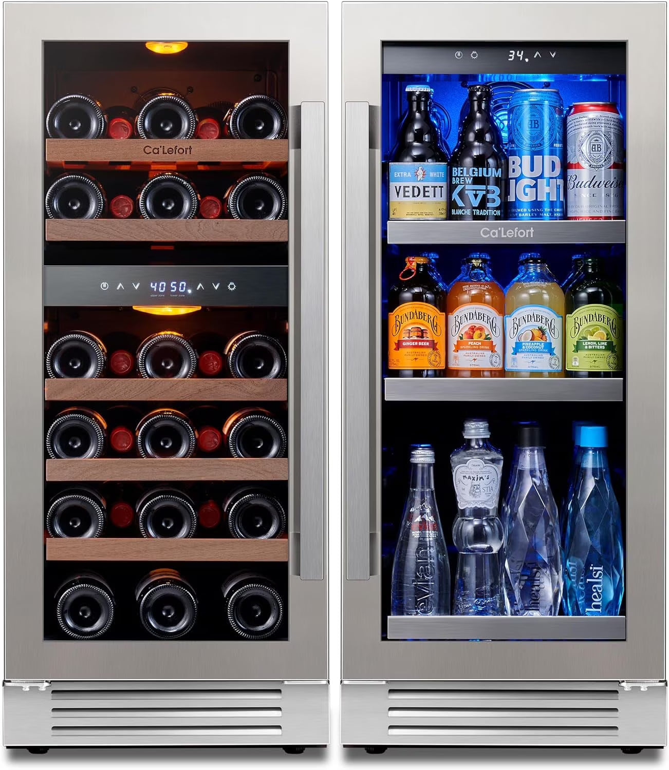 Ca'Lefort 30" Wine and Beverage Refrigerator, 28 Bottles Dual Zone Wine Fridge and 100 Cans Beverage Fridge Cooler with Stainless Steel Door Framed