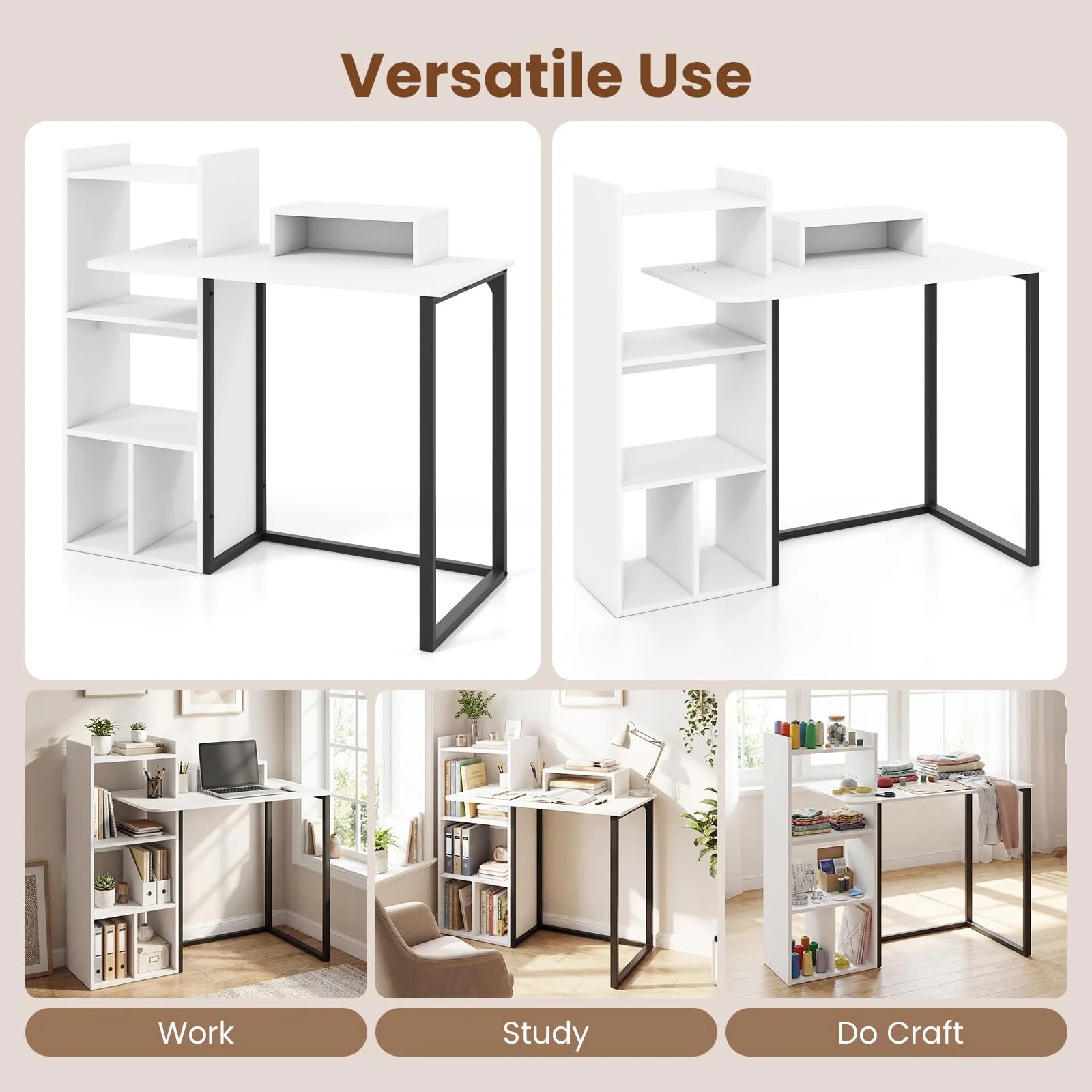 Tangkula 43.5" Study Desk with Ergonomic Monitor Stand & Storage Shelves