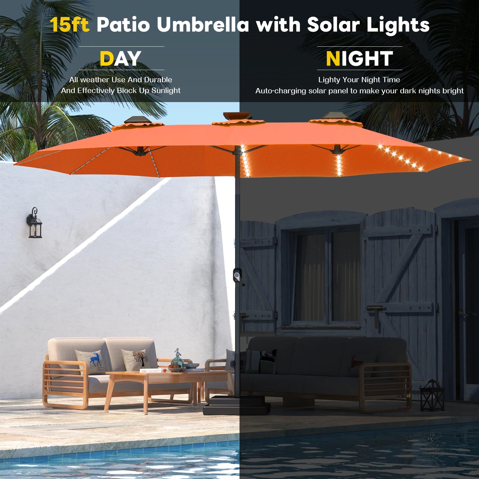 AECOJOY 15ft Patio Double-Sided Umbrella, 156 PCS Solar LED Light Outdoor Large Umbrella, Orange