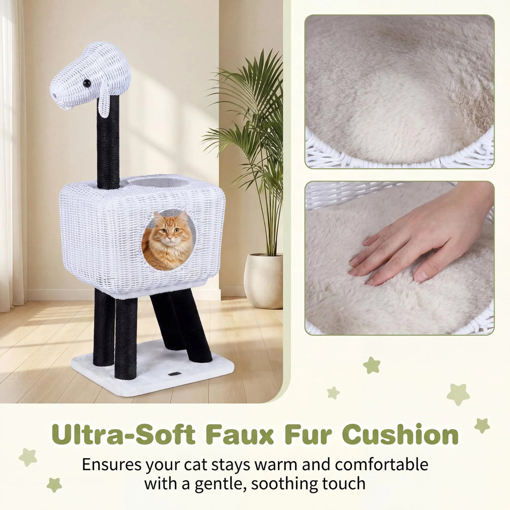 Tangkula 43 Inch Sheep-Shaped Cute Cat Tower with 2-Cave Large Wicker Condo