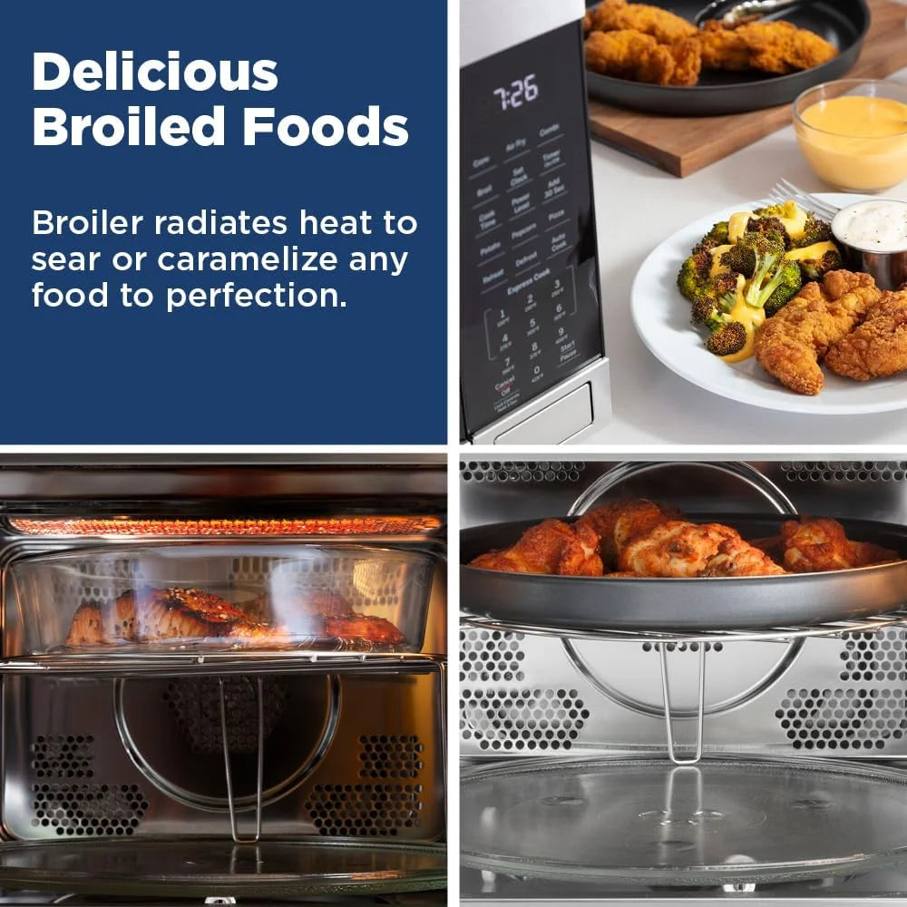 Open Box GE 3 - in - 1 Microwave Oven, 1, 050 Watts Air Fryer, Broiler and Convection Mode, Child - Lock Technology, Kitchen Essentials for the Countertop or Dorm Room, 1.0 Cu. Ft., Stainless Steel