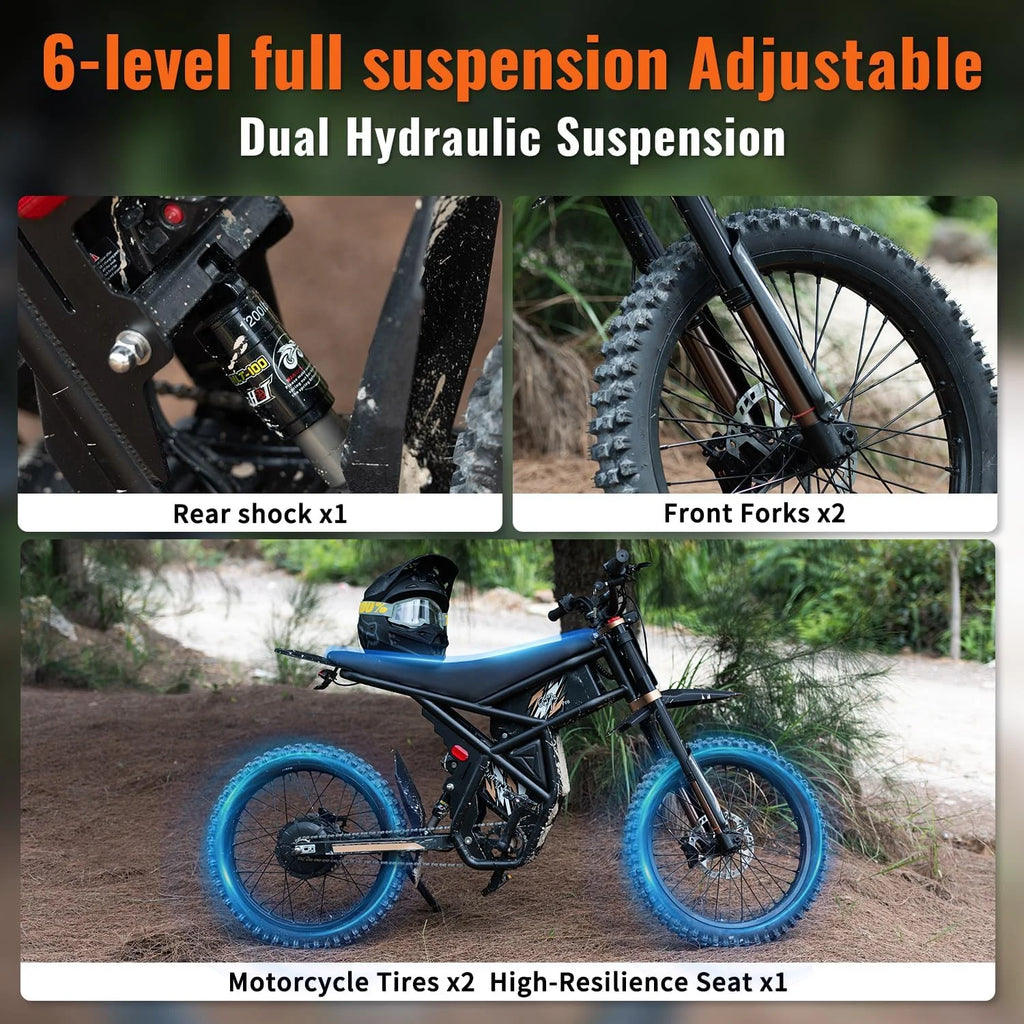 2000W Electric Dirt Bike for Adults Ridingtimes GT73 UL2849, Brushless Hub Motor, 18.2ah*2 Electric Bike with 25" Tires Digital Screen Carbon Steel, Black