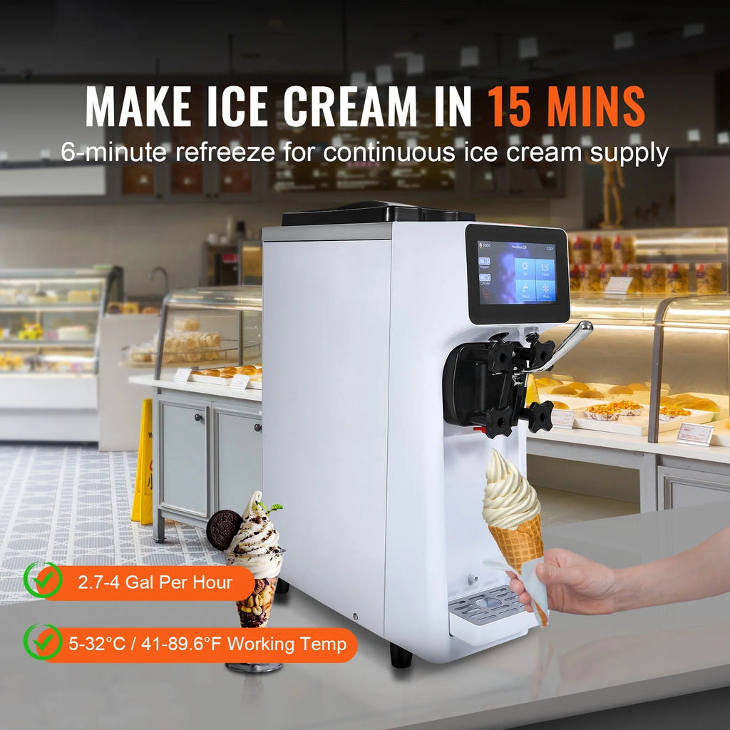 KFFKFF Commercial Ice Cream Machine 2.7 - 4gal/10 - 15 L/H 4 L Hopper Single Flavor Countertop Soft Serve Ice Cream Maker Auto Clean Pre - Cooling
