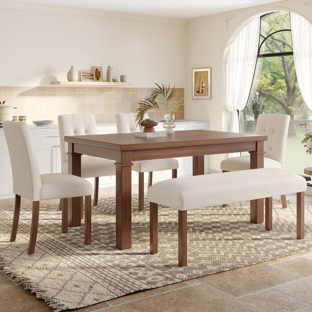 Euroco 6 - Piece Wood Dining Table Set for 6, Modern Rectangular Kitchen Table with 4 Upholstered Chairs & Bench for Kitchen Dining Room, Walnut