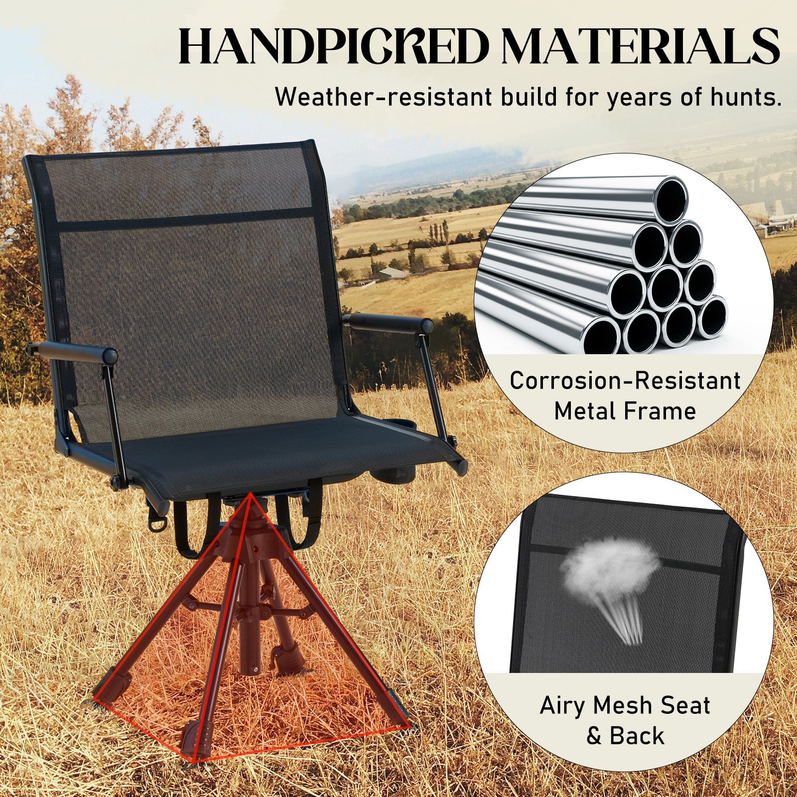 AECOJOY No Cushion Hunting Chair, Durable Metal Frame, Silent Swivel for Outdoor Shooting & Fishing