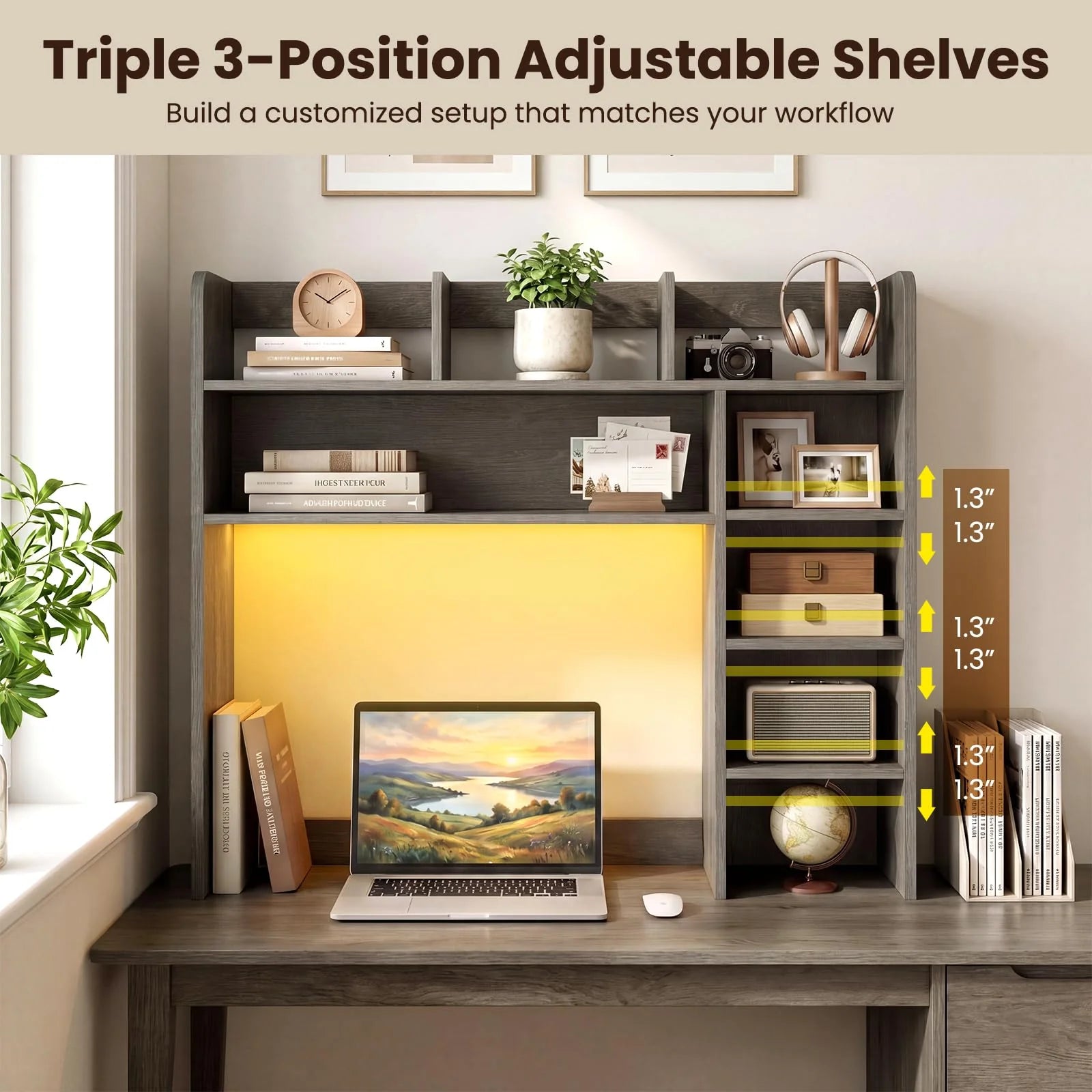 Tangkula Desktop Bookshelf with LED Lights | Desk Hutch with 8 Shelves for Max 25" Monitor