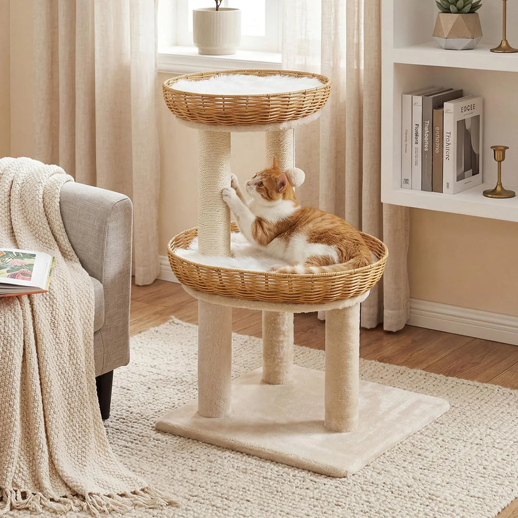 Tangkula 30 Inch Small Cat Tower with 2 Rattan Cat Baskets