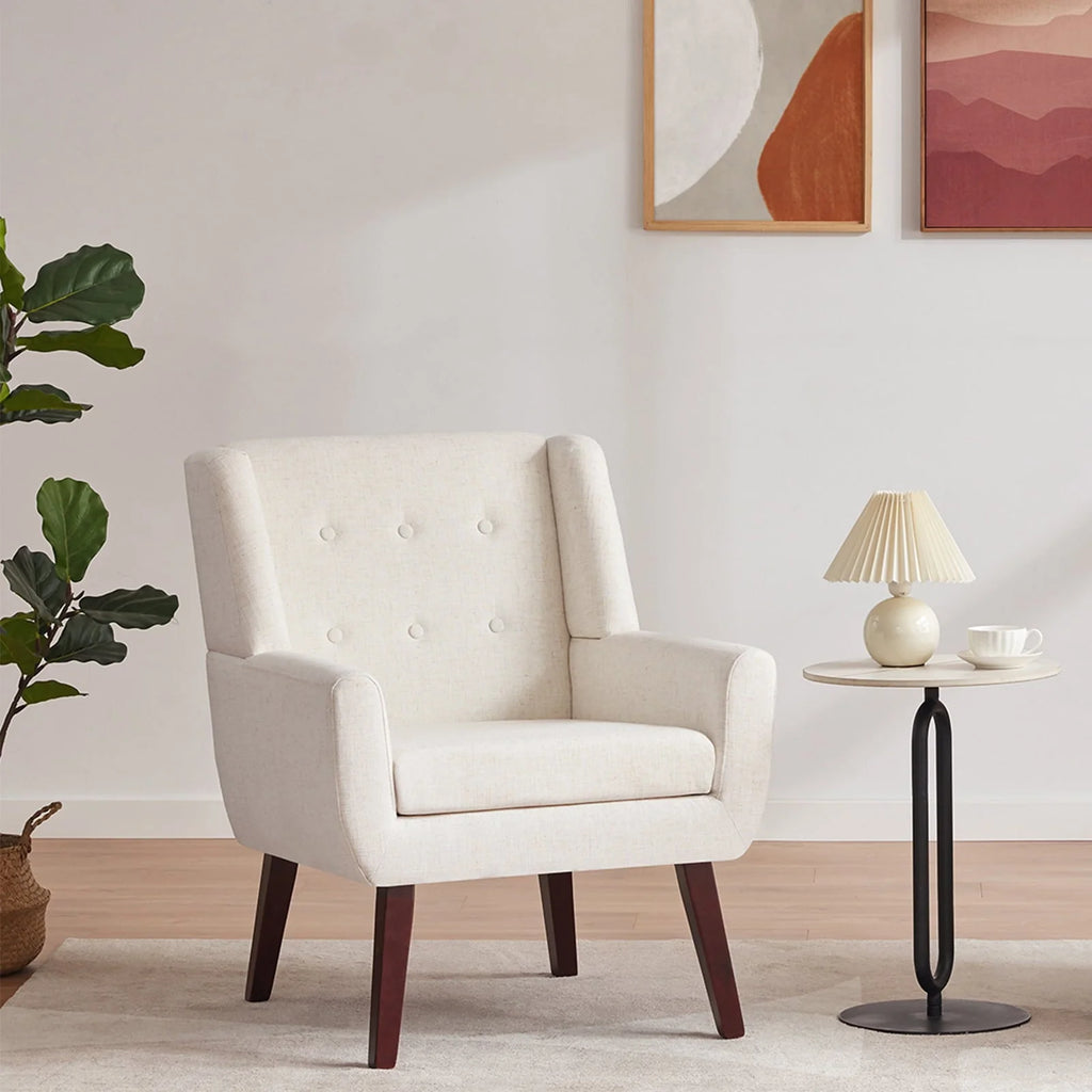 HUIMO Accent Chair, Button - Tufted Upholstered Living Room Chairs, Mid Century Modern Comfy Reading Chairs for Bedroom, Living Room, Beige