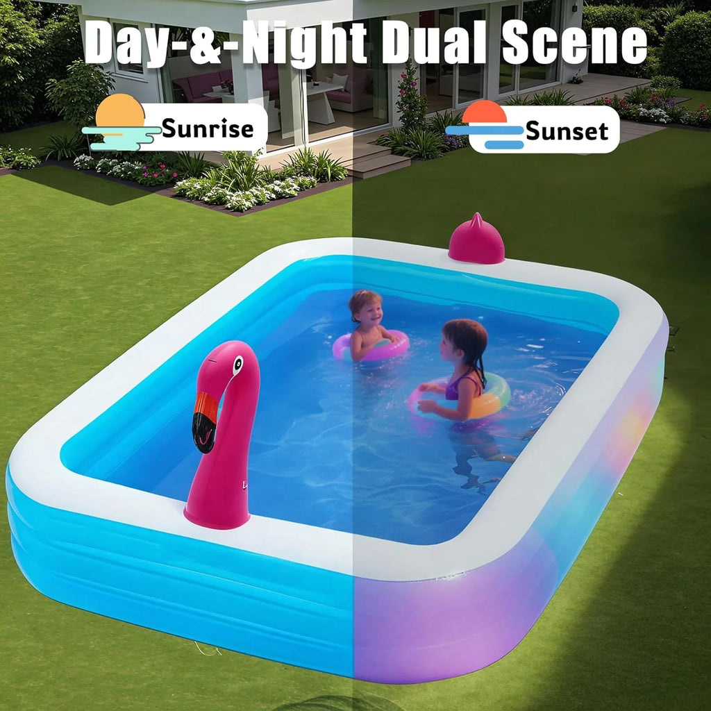 AECOJOY 119"x86"x21“ Inflatable Pool with LED Lights, 3 Light Modes, 3-Ring Blow Up Pool for Adults & Kids(Includes Electric Air Pump)