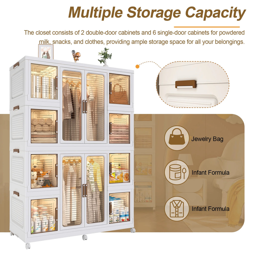 Montary Kids Portable Wardrobe W/ Magnetic Doors & Hanging Rod - 4 - Cube Plastic Storage Cabinet, Nursery/Bedroom
