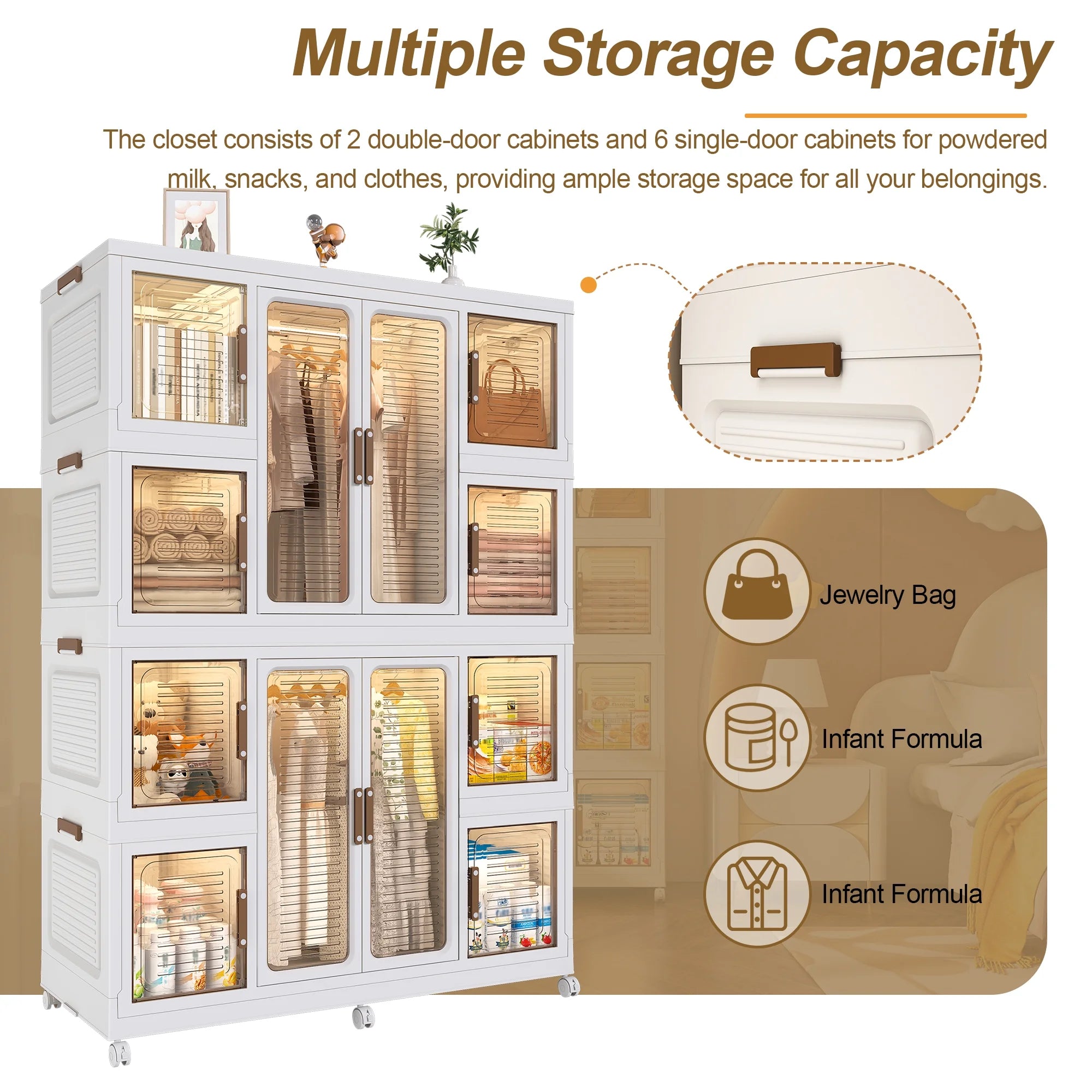 Montary Kids Portable Wardrobe W/ Magnetic Doors & Hanging Rod - 4 - Cube Plastic Storage Cabinet, Nursery/Bedroom
