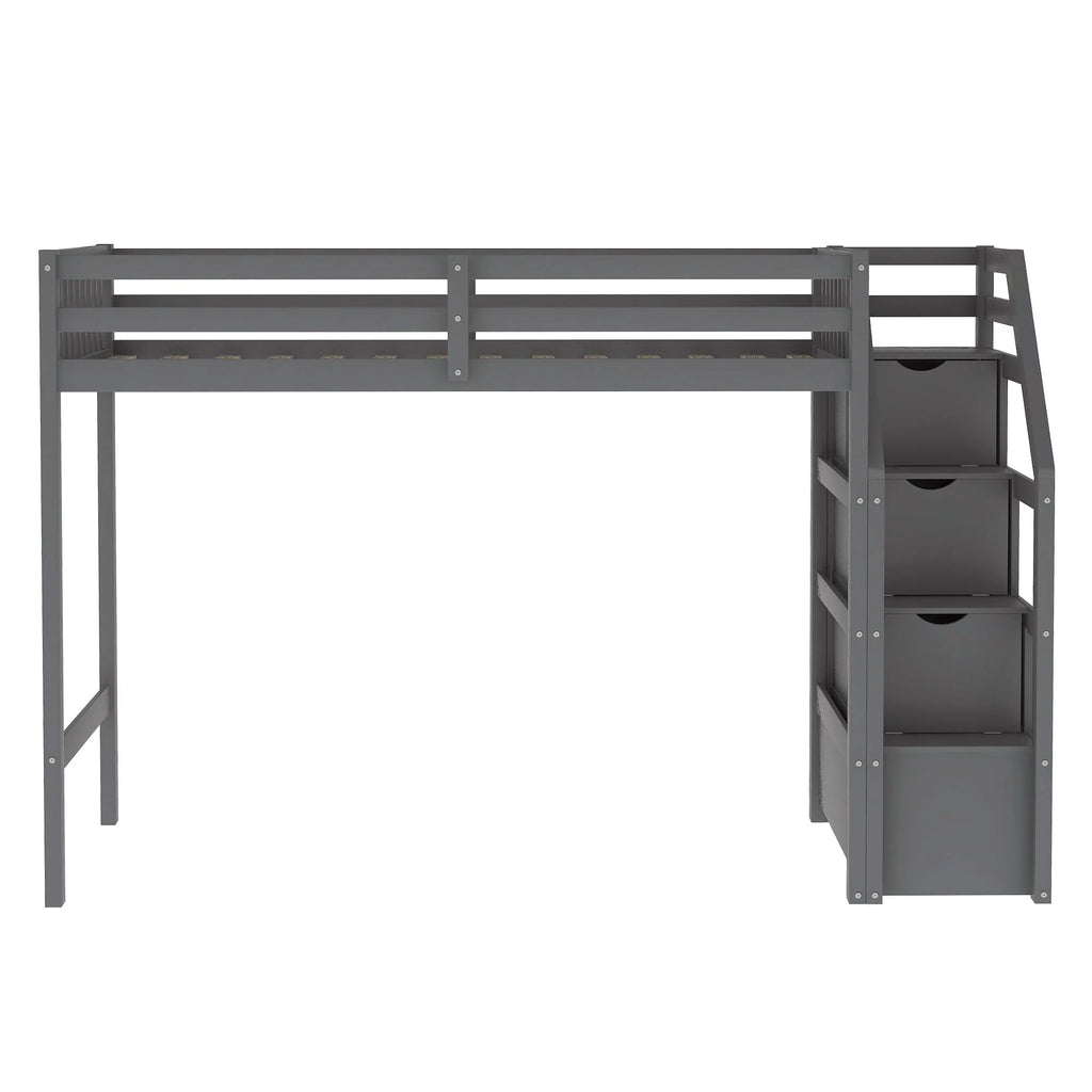 Euroco Wood Stairway Twin Loft Bed with Full Platform and Drawer