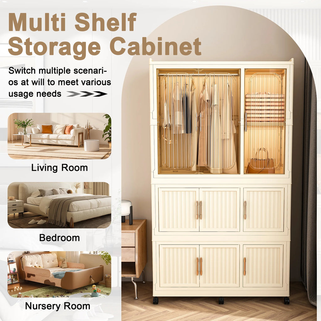 Montary Kids Portable Wardrobe W/ Magnetic Doors & Hanging Rod - 4 - Cube Plastic Storage Cabinet, Nursery/Bedroom