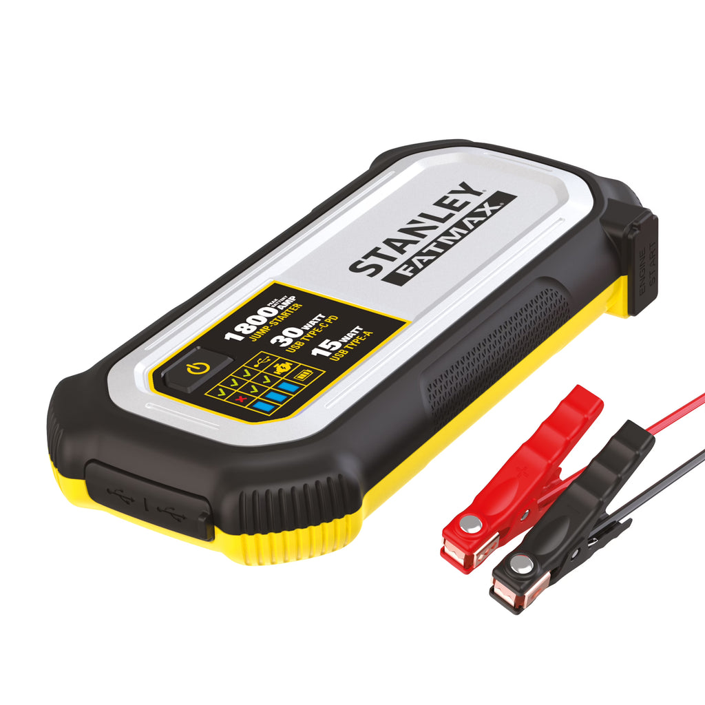 Stanley Fatmax 1800A Lithium Jump Starter with 30W USB - C - PD in/Out and 15W USB - A Out, Includes Clamps