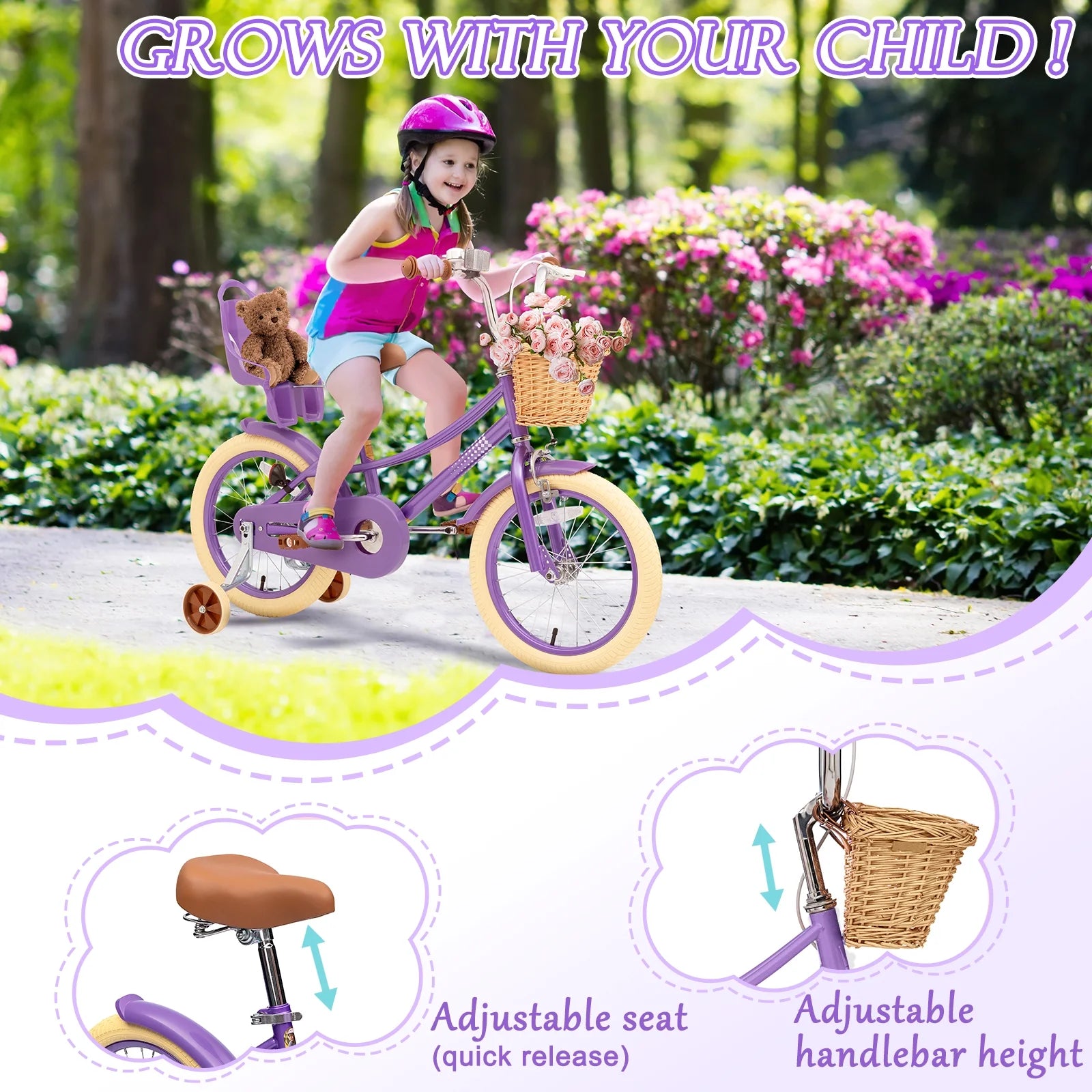 XJD Girls Bike for Toddlers and Kids Ages 2 - 12 Years Old, 12 14 16 in Kids Bike with Training Wheels & Basket, 20 in Girls Bicycle with Handbrake & Kickstand