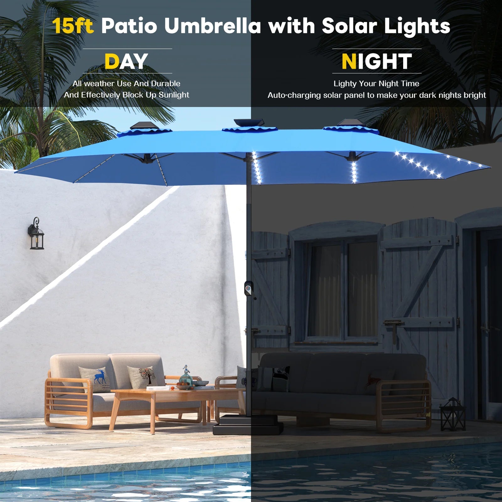 AECOJOY 15ft Patio Double-Sided Umbrella, 156 PCS Solar LED Light Outdoor Large Umbrella, Dark Blue