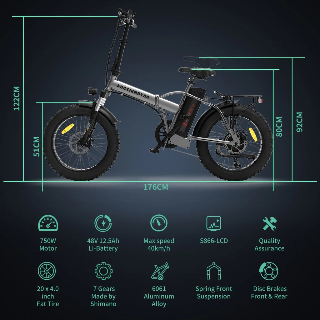 Aostirmotor Folding Electric Bike 20 in Fat Tire, with 750W Motor, 48V 12.5AH Removable Lithium Battery, Ebikes for Adults UL2849