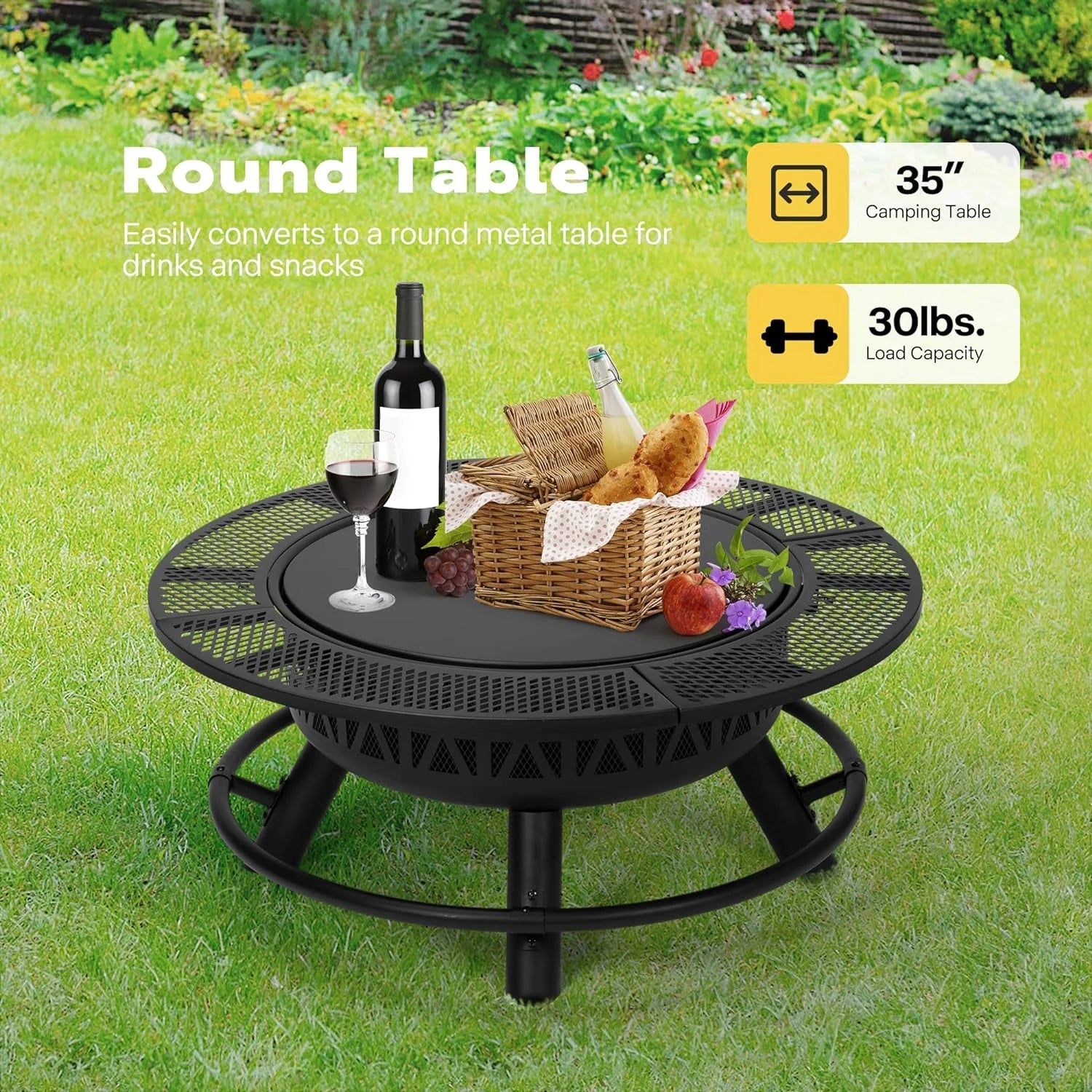 SPECSTAR 3 - in - 1 Fire Pit35 in Wood Burning Firepits with Cooking Grill Grate & Charcoal Pan & Cover Lid, Metal Table for Backyard Bonfire BBQ Outdoor Camping Picnic