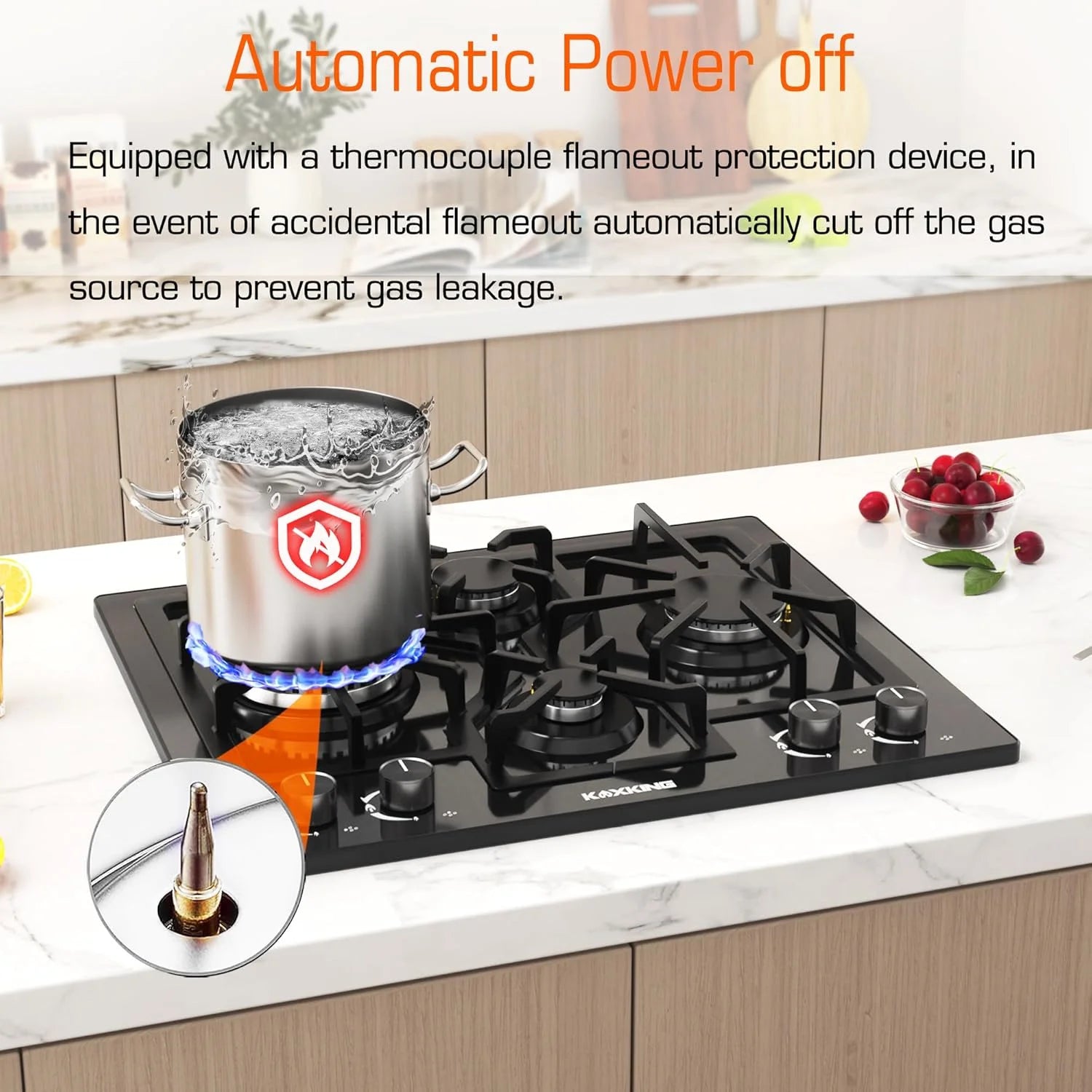 24 in Black Gas Cooktop - Built - in Dual Fuel Natural Gas & Propane Stove - 4 Burner Convertible Cooktop with Thermocouple Protection
